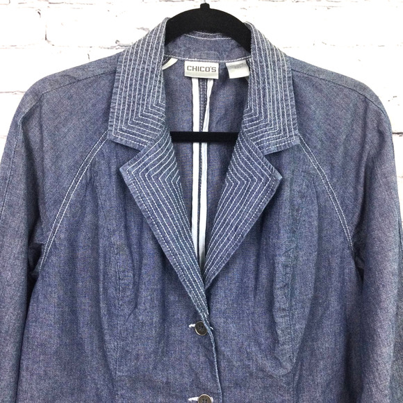 Chico’s Women’s Chambray White Stitch Notch Collar Flap Front Pocket Blazer 2 - Picture 2 of 11